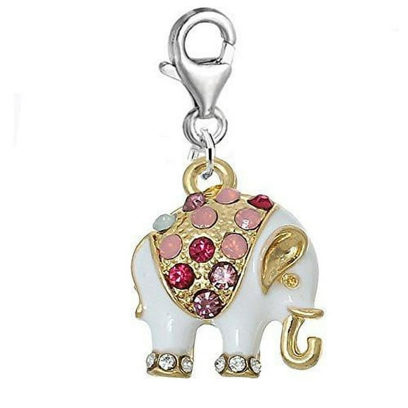 Sexy Sparkles Multicolor Rhinestone White Elephant Charm Clip on Pendant for European Charm Jewelry with Lobster Clasp - Zinc Metal Alloy
