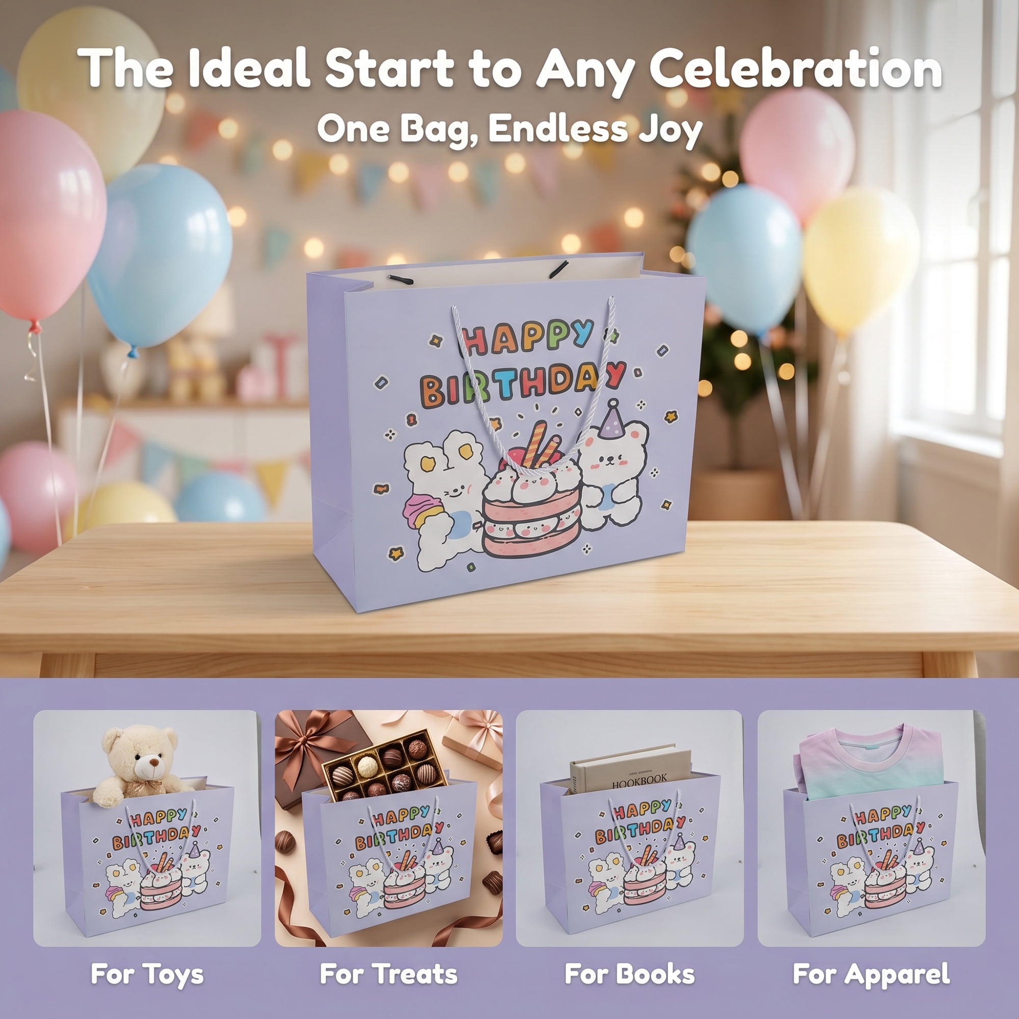 Unique Bargains 6Pcs Vibrant Cartoon Themed Birthday Gift Bags Purple 12.6" x 4.5" x 9.8"