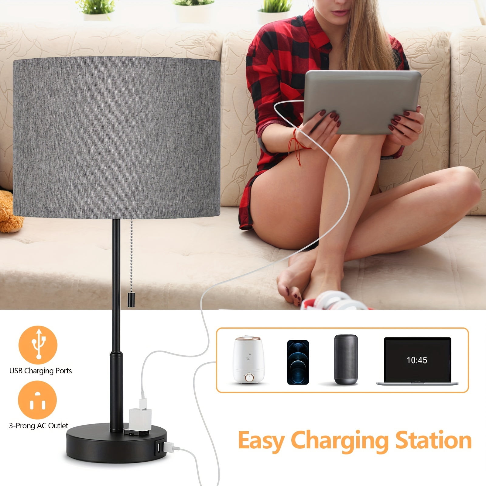 Modern Style Large Table Lamp Set, with 2 USB Ports And a 3-Hole AC Socket Table Lamp, Suitable for Bedroom, Living Room, Study, Including LED Light Bulb, 21.7 Inches High