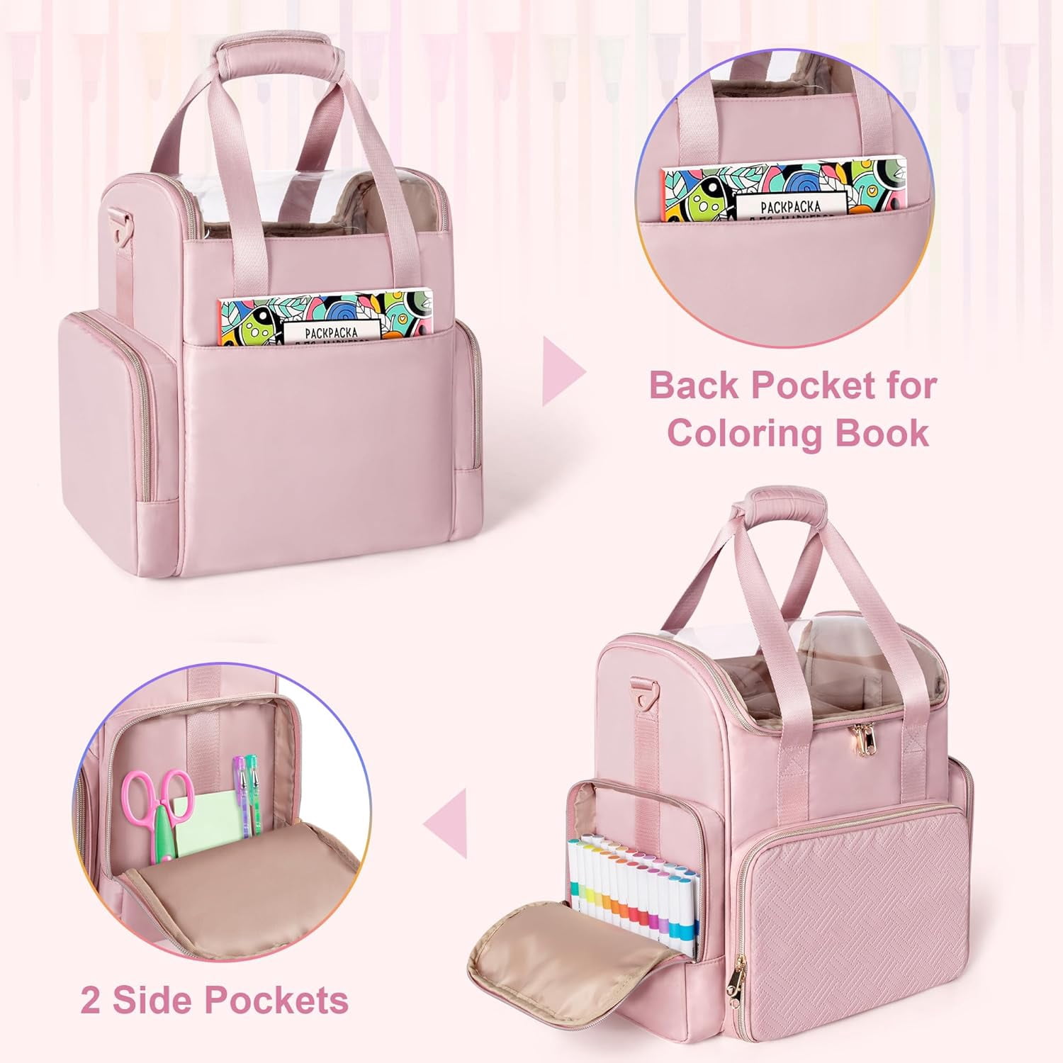 Double Layer Marker Organizer Bag for 400 Markers with Dividers and Pockets, Large Art Storage  for Coloring Supplies, Pink