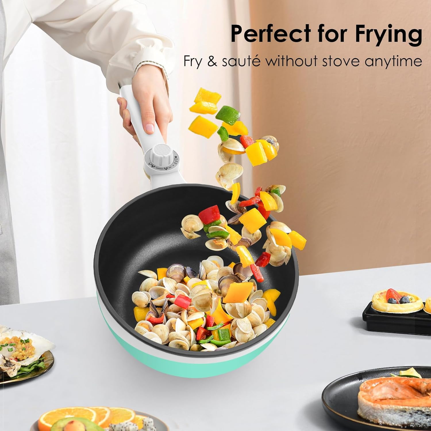 DICEEVIL 1.8L Electric Hot Pot with Steamer, Non-Stick Ramen Cooker Portable Mini Hot Pot with Dual Power Control for Pasta, Dumplings, Soup, Steak, (Rotary Switch) Blue