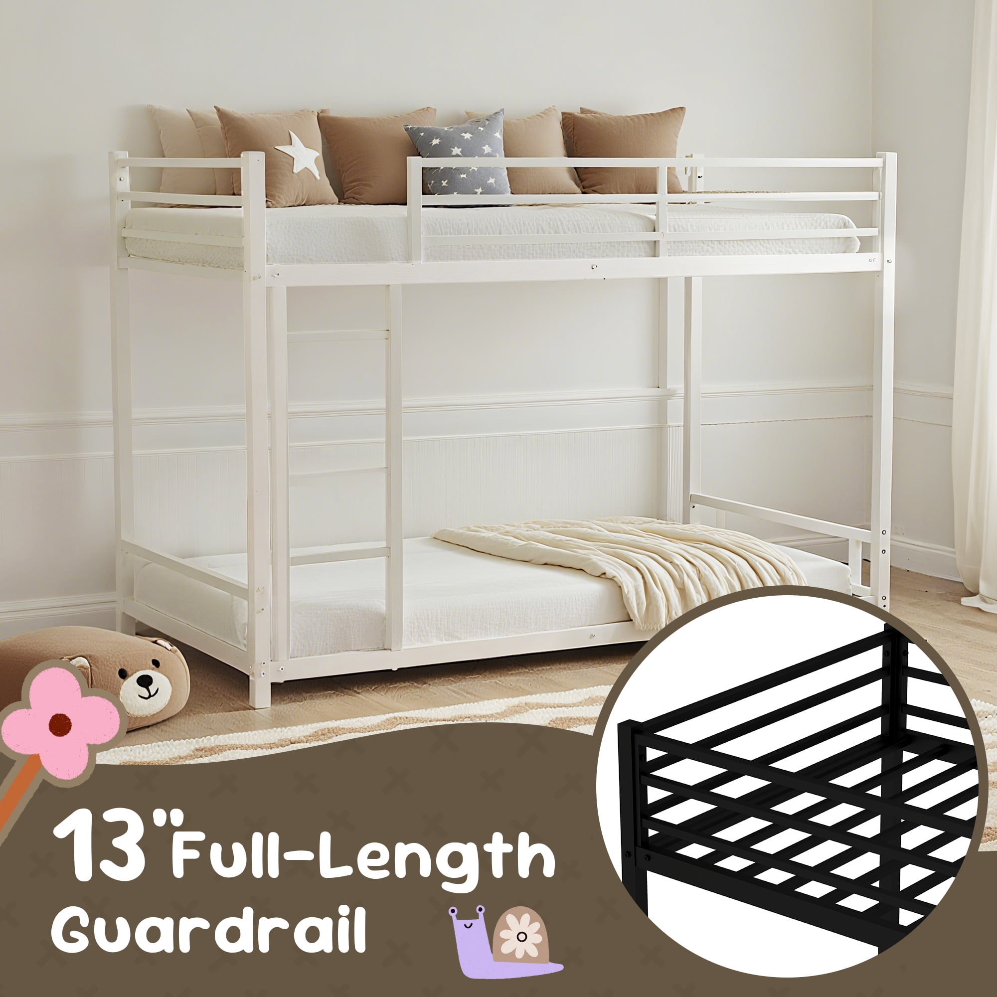 Alvantor Metal Bunk Bed Twin over Twin for Kids Adults, Low Bunk Bed with Guardrails and Ladder for Bedroom White