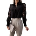thumbnail image 2 of Summer Women’s Casual Long Sleeve Hollow Patchwork Shirt Fashion Solid Color Lace Stitching Lapel Button Blouse Tops, 2 of 7
