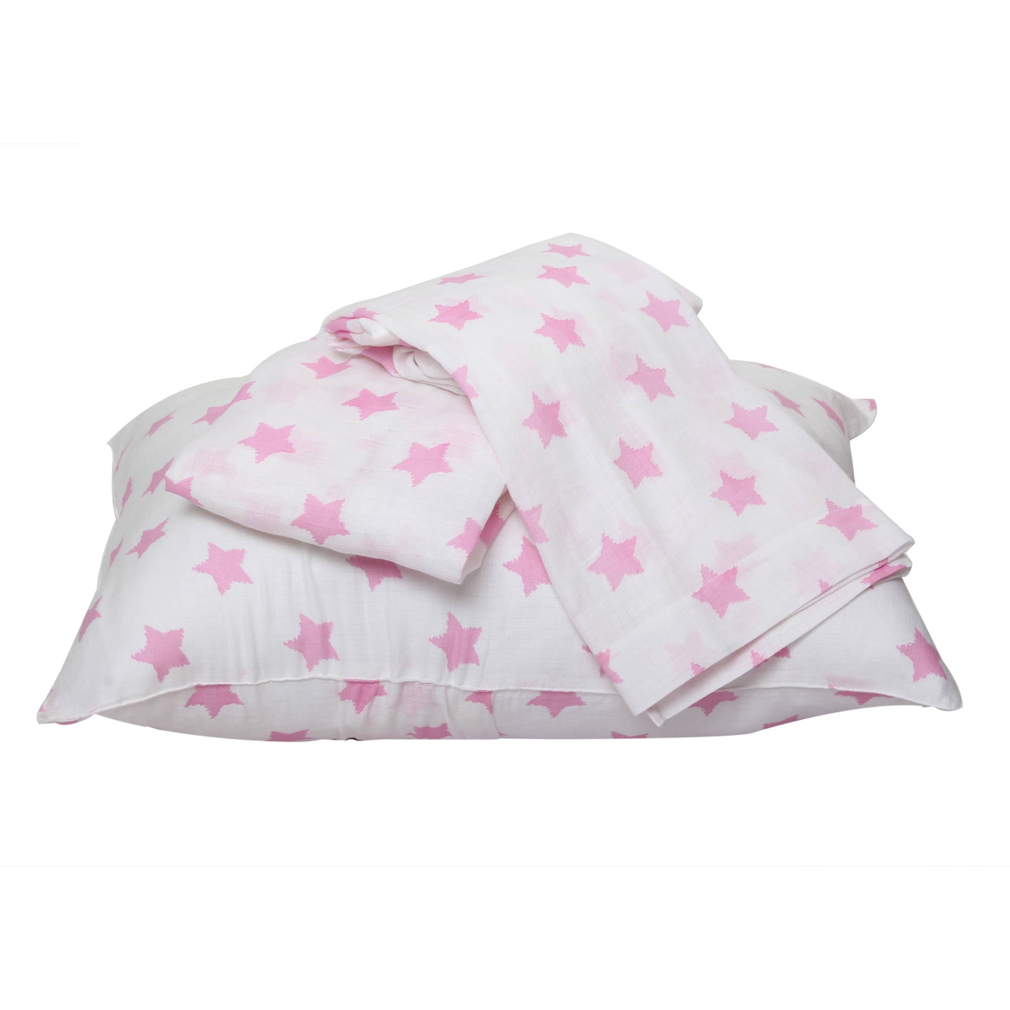 Bacati - Stars 100% Cotton Muslin Muslin 4-Piece Toddler Bedding Set, Pink
