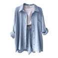 thumbnail image 4 of GILIGEGE Linen Sets for Women 2 Piece Summer Women's Solid Spring Wrinkle Collar Long Sleeve Shirt High Waist Shorts Large Fashion Casual Set Summer Beach Vacation Outfits Lounge Tracksuits Blue L, 4 of 4