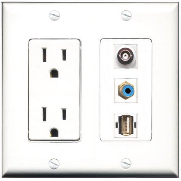 RiteAV - 15 Amp Power Outlet 1 Port RCA Blue 1 Port USB A-A 1 Port BNC Decorative Wall Plate