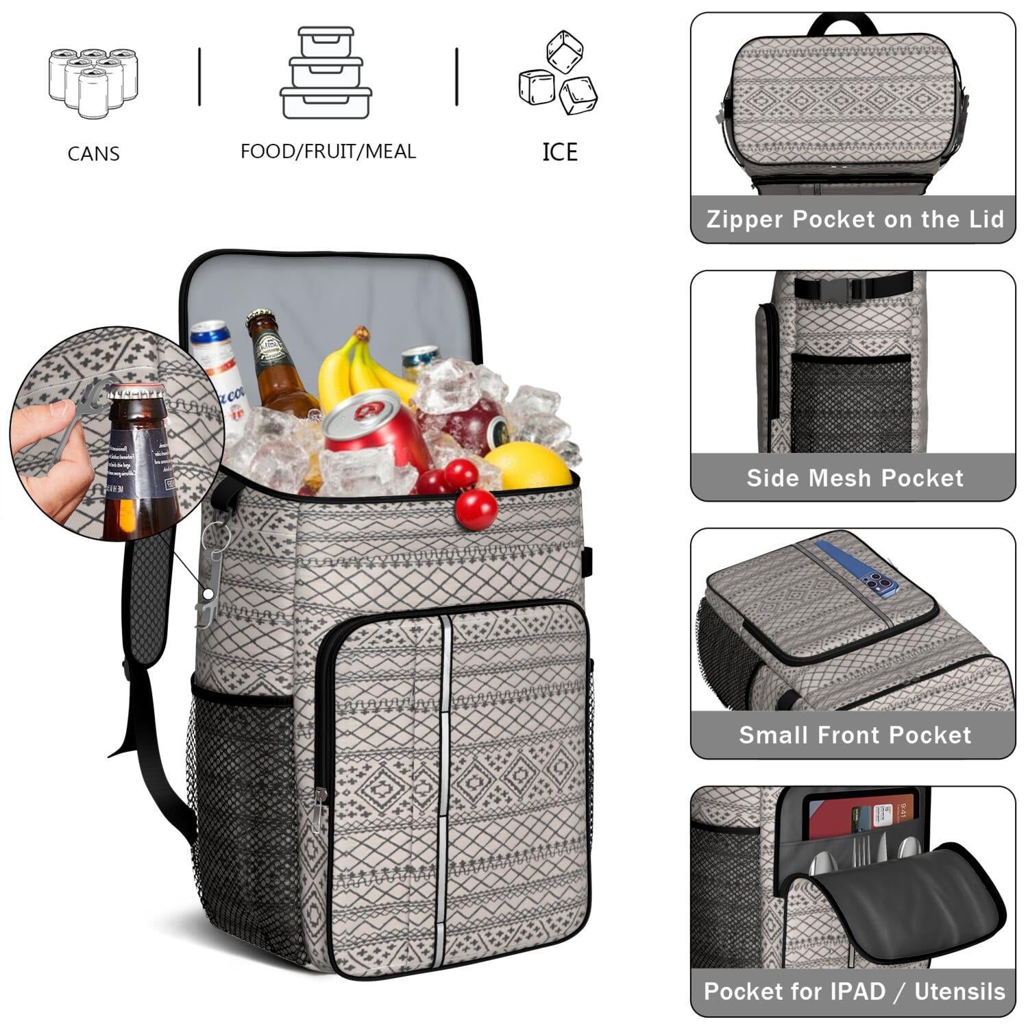 Travel Cooler Bag - Boho Bohemia Pioneer Flower Geometric Line Art Camping Beer Cooler Backpack with Bottle Opener- Waterproof Insulated Picnic Backpacks - Cooler Bag for Beach