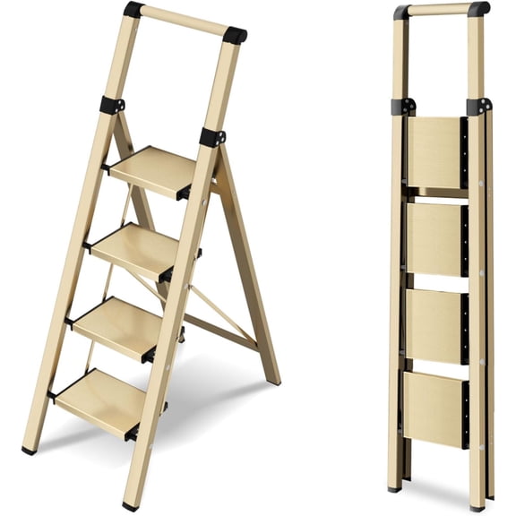 4 Step Ladder, Lightweight Folding Step Stool with Anti-Slip Aluminum Wide Pedal& Convenient Handgrip, 330lbs Capacity Steel Ladder for Household and Office (Gold)
