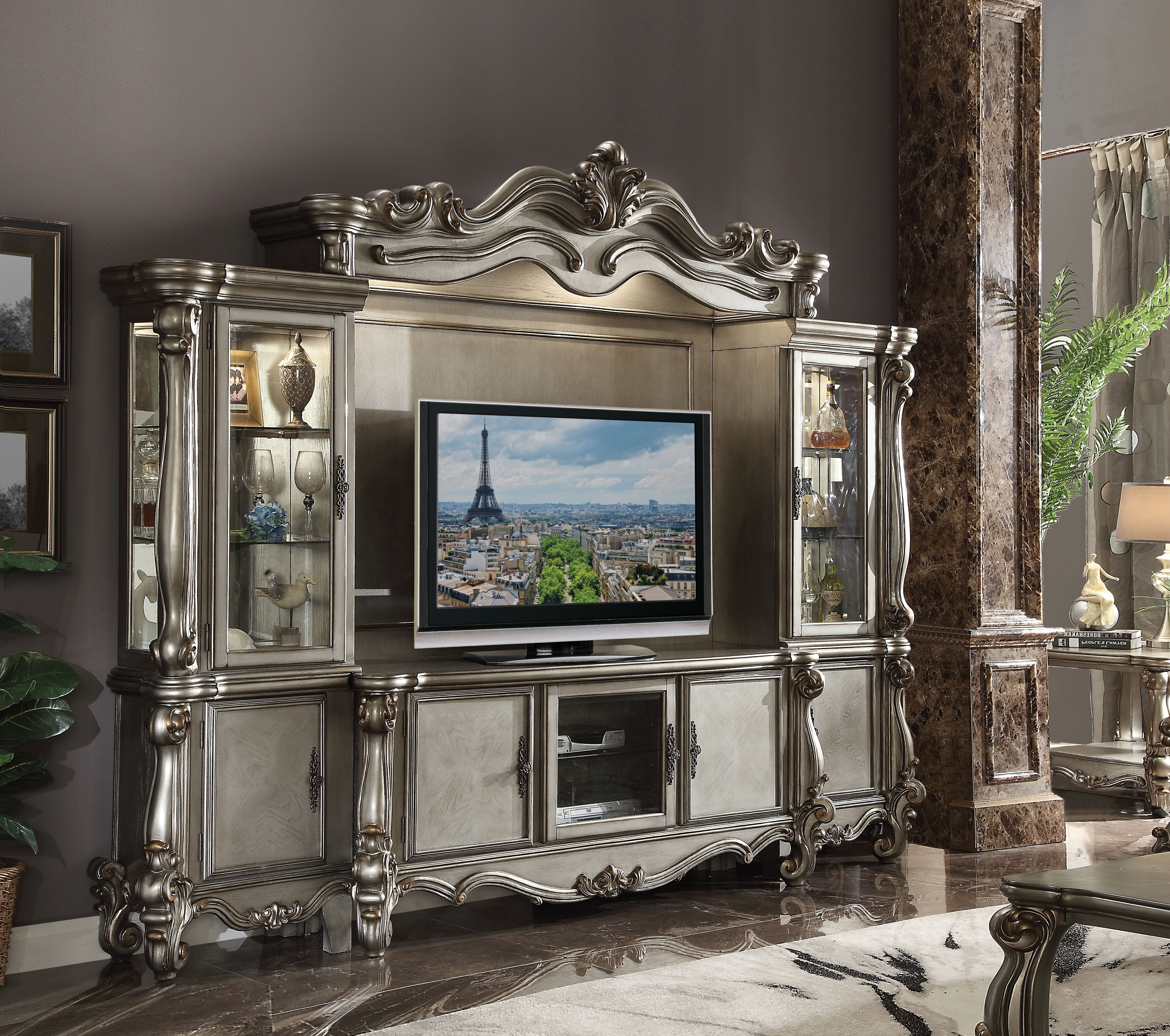 ACME Versailles Entertainment Center in Antique Platinum