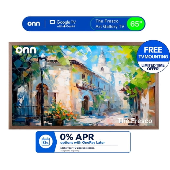 onn 65 in The Fresco Art Gallery 4K UHD Google TV with Gemini, Walnut Frame and Mounting Kit