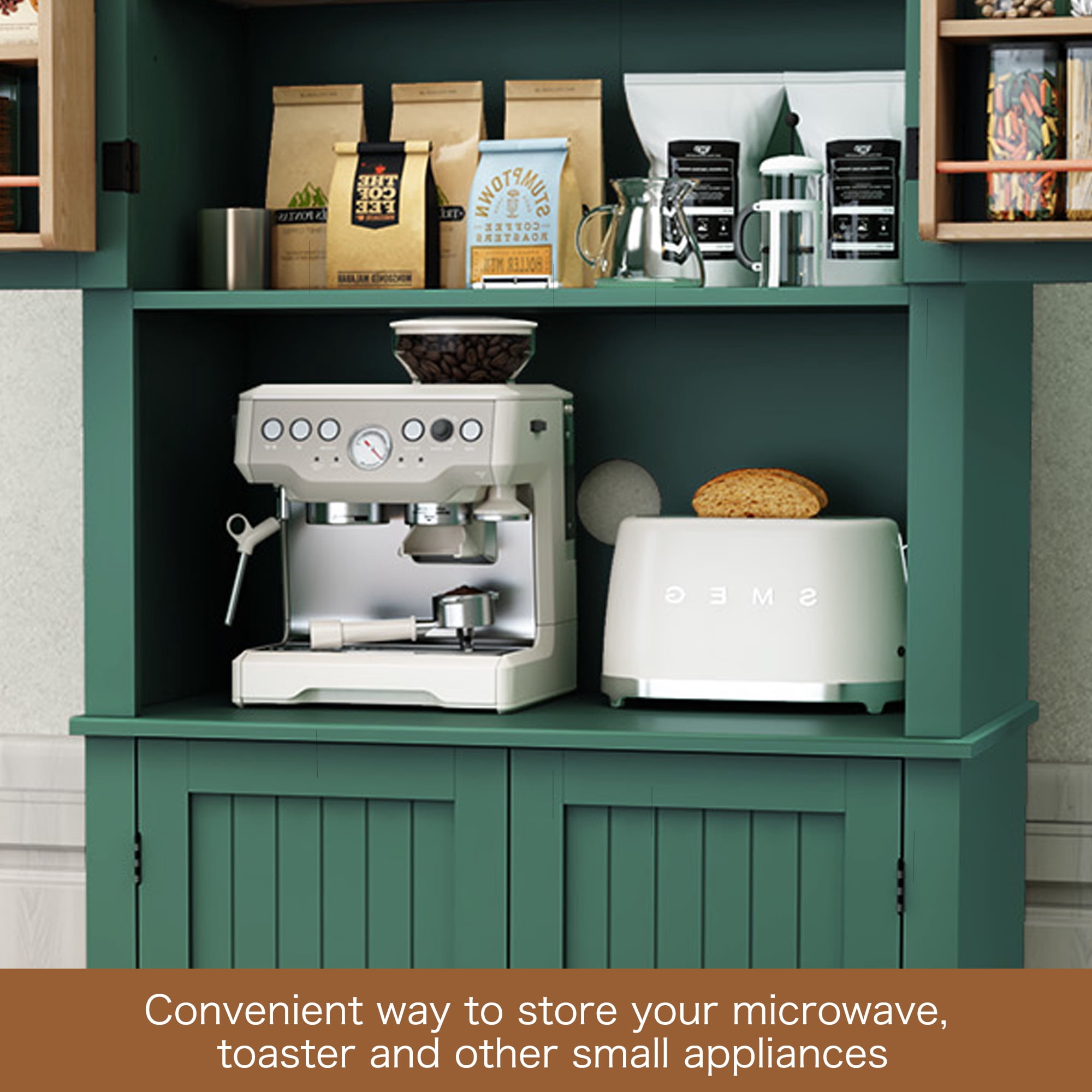 HLR 72" Kitchen Pantry Cabinet, Freestanding Pantry Storage Cabinet with Hutch & Shelves, Green