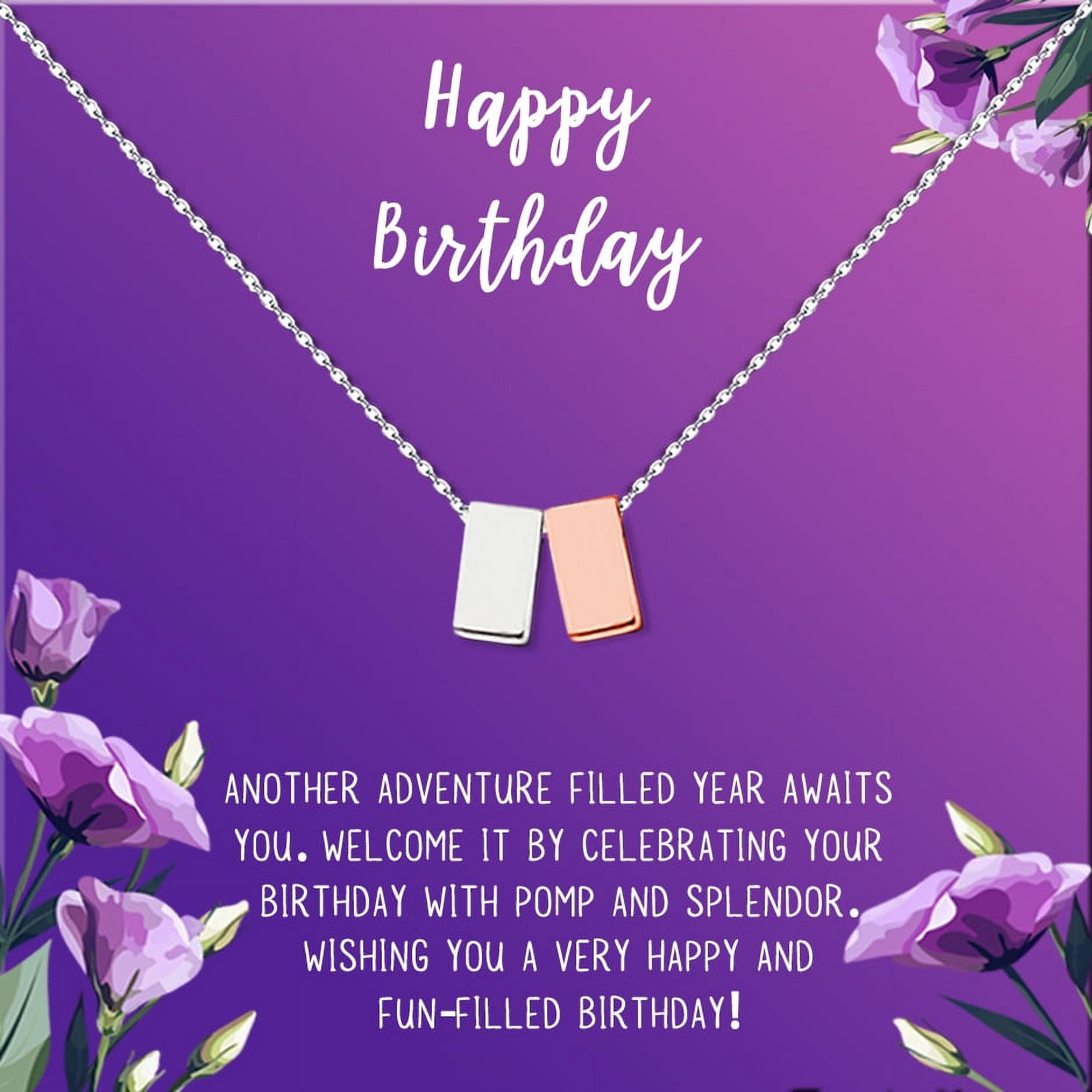 Anavia Happy Birthday Gifts Stainless Steel Fashion Necklace Birthday Card Jewelry Gift for Her, Birthday Gift for Friend-[Silver and Rose Gold Double Cube,Royal Purple Gift Card]