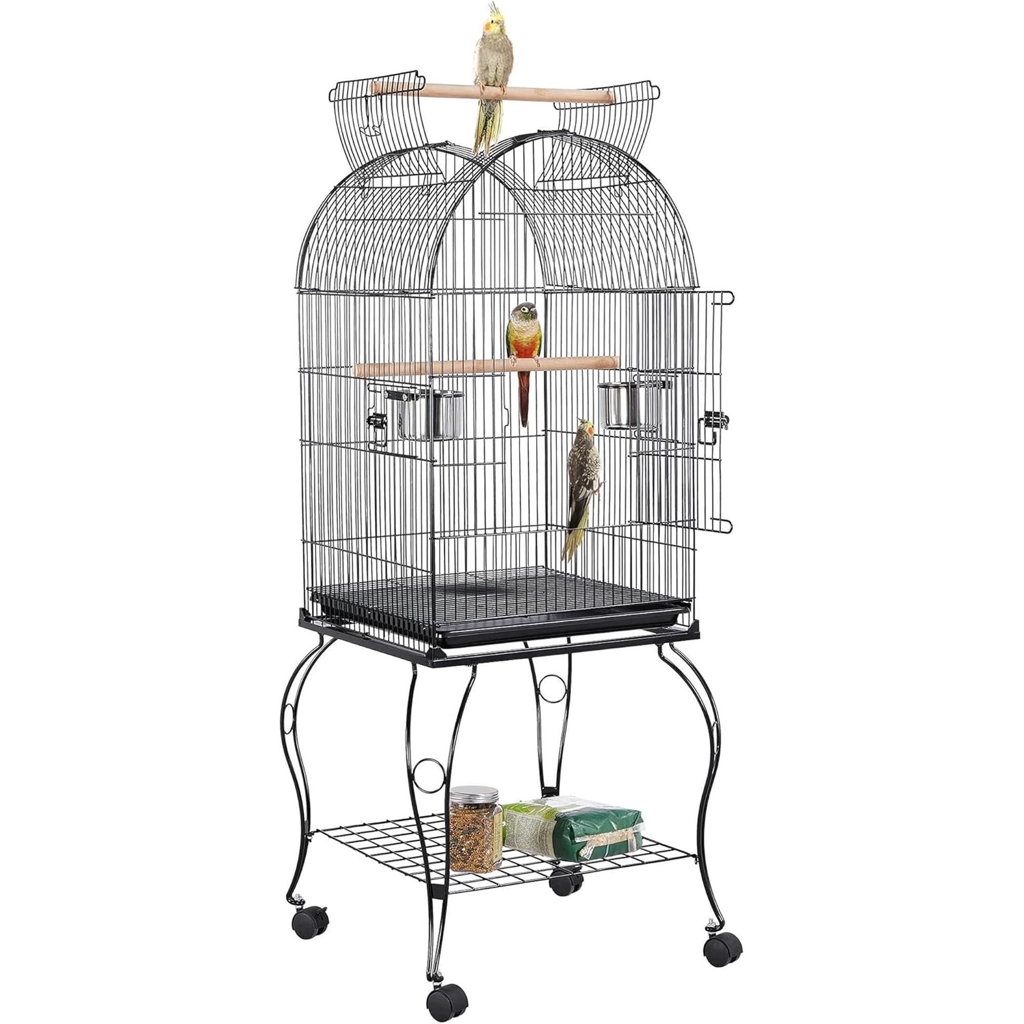 59-Inch Rolling Dome Open Top Bird Cage for Parrots Cockatiels Sun Conures Parakeets Lovebirds Budgies Finches Canary Pet Bird Cage with Removable Stand