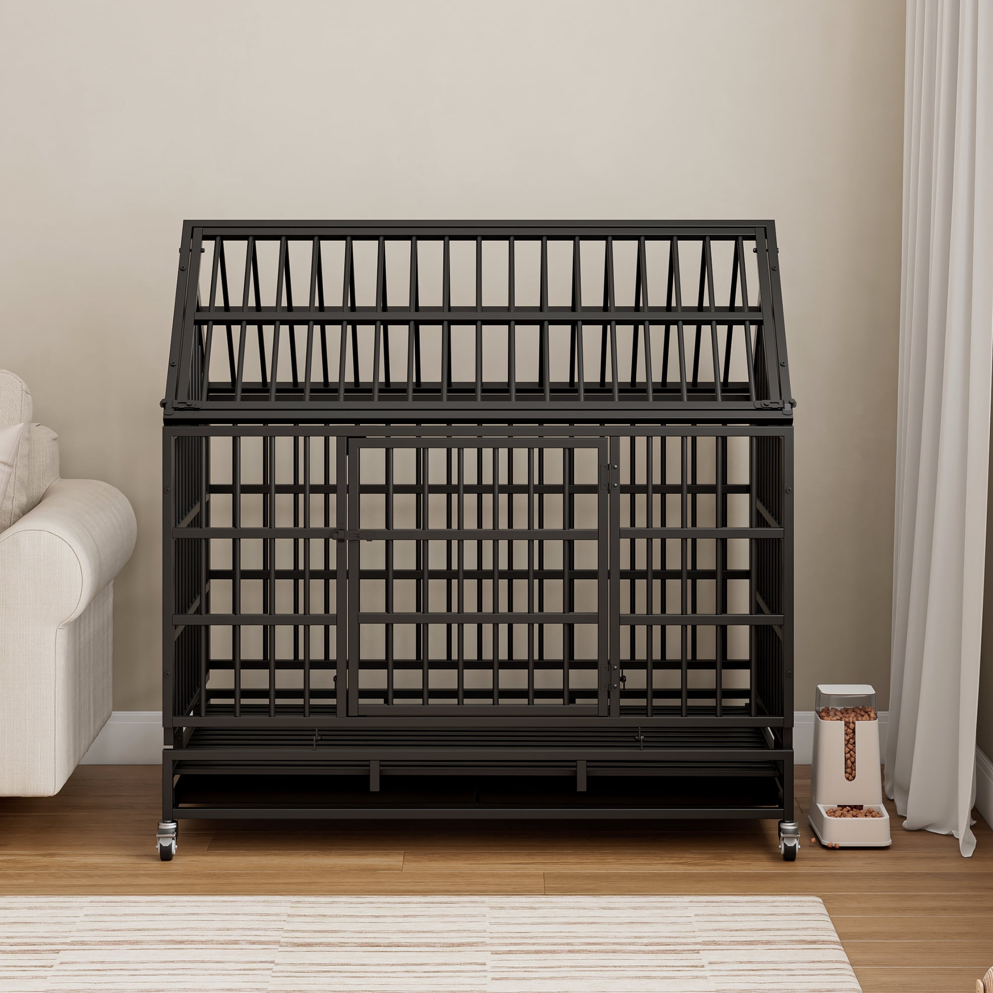 Pefilos 48" Heavy Duty Dog Cage with Wheels, Folding Metal Kennel and Crate for Medium and Large Dogs, Pet Playpen with Pointed Roof and Removable Tray, Black