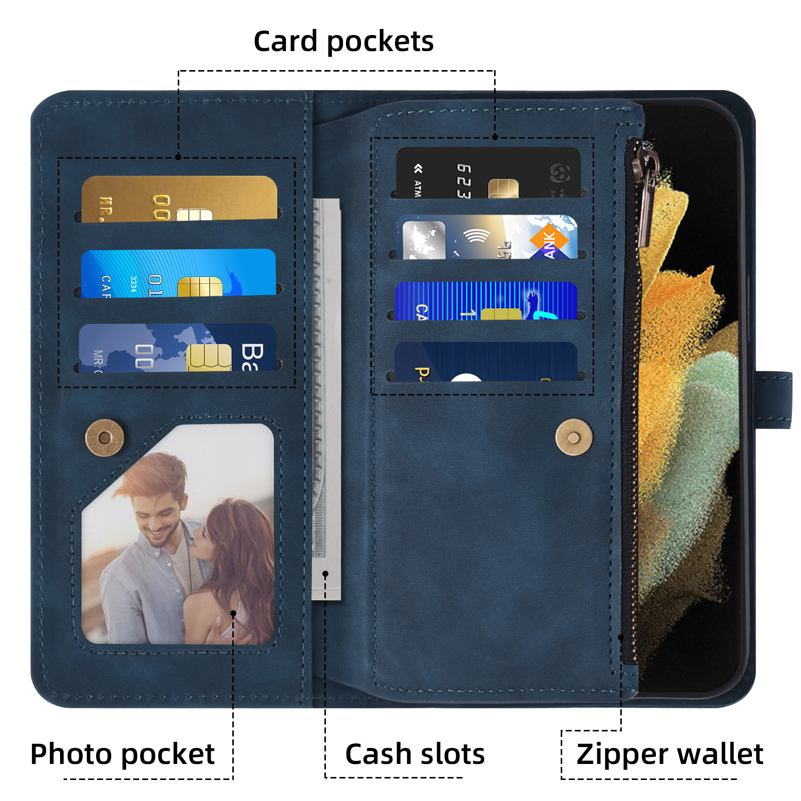 Asuwish Phone Case for Samsung Galaxy S21 Ultra 5G Wallet Cover With Tempered Glass Screen Protector Crossbody Wrist Strap Flip Pattern Zipper Card Holder Cell S21ultra 21S S 21 21ultra G5 Women Blue