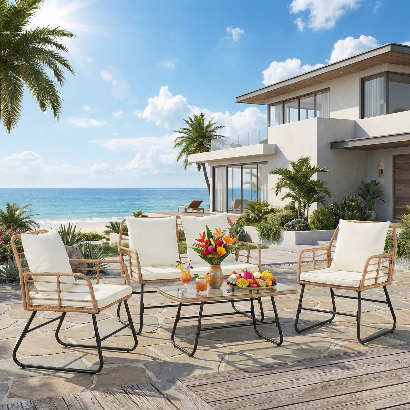 SHOUFTW 4 Piece Patio Furniture Set, Outdoor Patio Seating Set for Apartment Balcony, Space-Saving Rattan Conversation Set with Loveseat and Side Table for Patio, Front Porch & Pool, Small Spaces