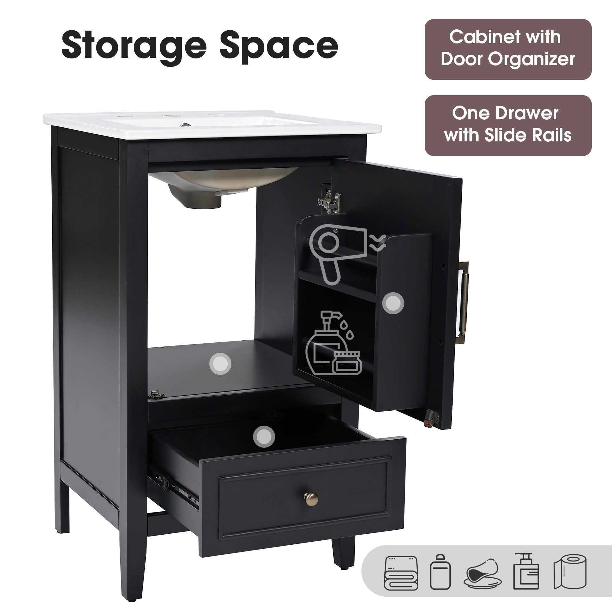 MAYEERTY 20" Bathroom Vanity with Sink 1 Door Shelf Adjustable Foot Pads Drawer Black