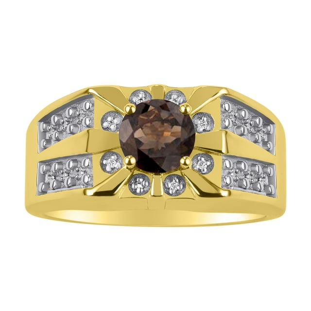 RYLOS Men's Rings Yellow Gold Plated Silver Designer Starburst 7MM Round Gemstone & Diamond Ring Smoky Quartz June Size 12