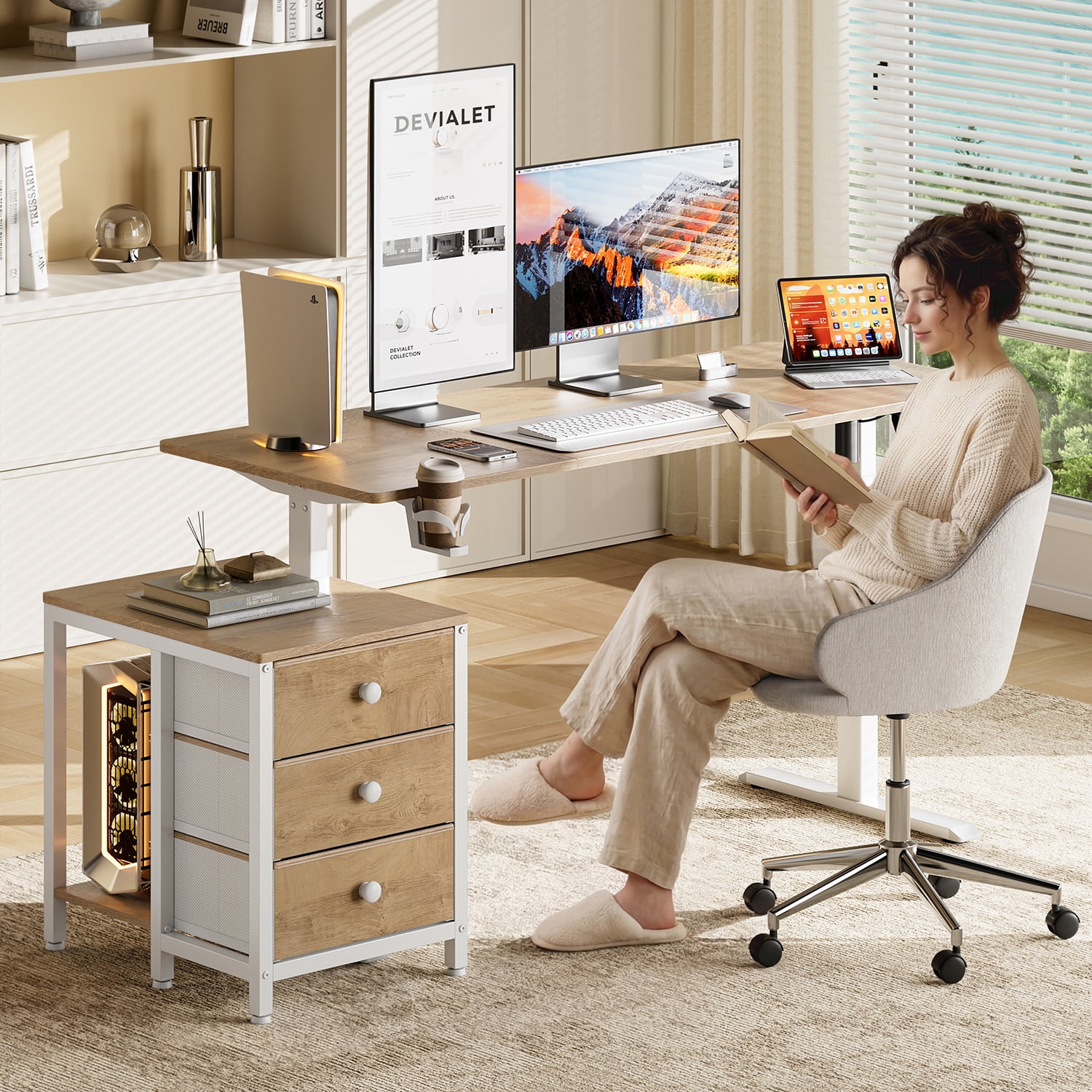 GUNAITO 55.1" Electric Standing Desk with 3-Drawer Cabinet, Adjustable Height Desk with Memory Panel, Office & Gaming Desk，Nutural