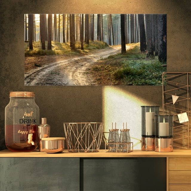 Road in Thick Morning Forest - Landscape Photo Canvas Art Print