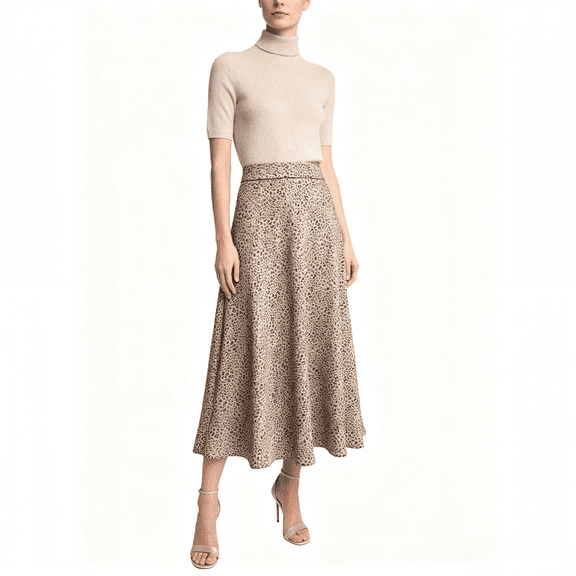 Women's Khaki Leopard Print A-Line Midi Skirt, High Waist Flowy Swing Skirt, Smooth Glossy Woven Non-Stretch Casual Elegant Skirt, Versatile Streetwear for Spring Summer Autumn Office Daily Dating