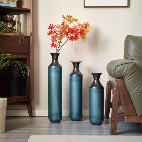 YIYADO Torch-Fired Metal Vases Set of 3, Tall Blue Burnt Finish Floor Vases for Home Decor, 28.34 24.4 20.4 Inch Rustic Flower Vases for Farmhouse Living Room