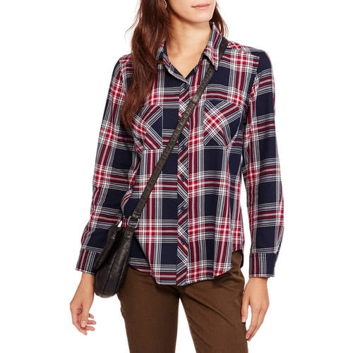 Women's Long Sleeve Classic Button Front Plaid Shirt with Pockets