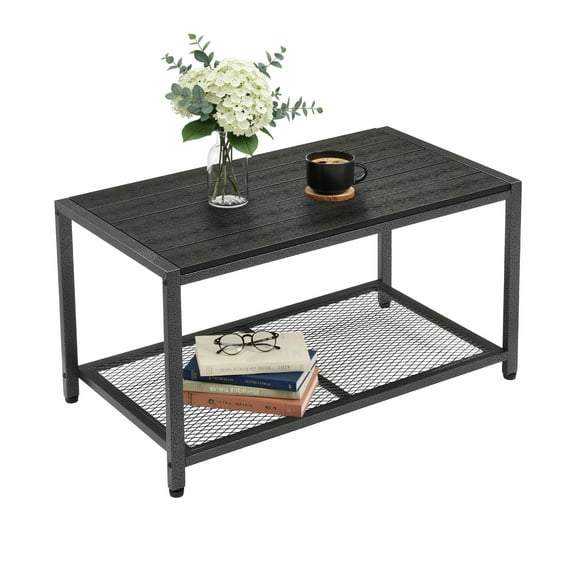 Ktaxon 35x19x18 Inch Outdoor Coffee Table, Double Layer Storage, Weather Resistant Metal Frame & Composite Top for Patio Garden Poolside, Black