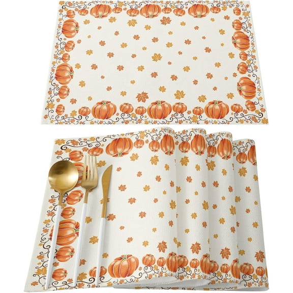 Fall Maple Leaves Placemats Set of 6, Thanksgiving Watercolor Pumpkins Heat Resistant Washable Table Place Mats Orange Cotton Table Linens Party Holiday Decor for Home Kitchen Dining Outdoor Indoor,