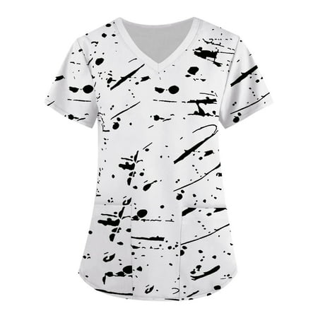 

wo-fusoul Black and Friday Deals Scrubs Tops for Women Summer Nursing Short Sleeve Shirt Floral Party V Neck Cute Working Uniform with Pockets
