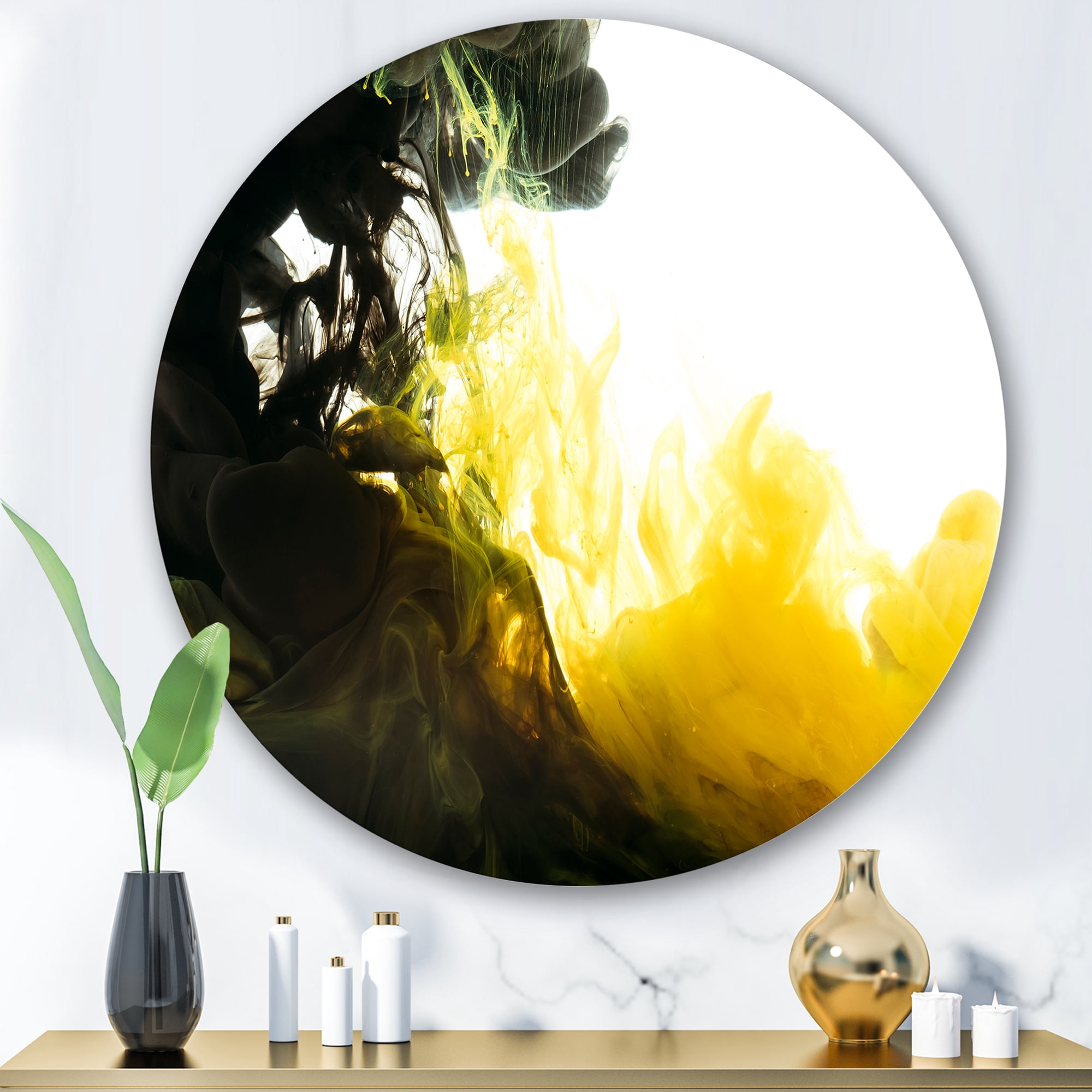 Designart 'Abstract Of Yellow Meeting Black' Modern Circle Metal Wall Art 36x36 - Disc of 36