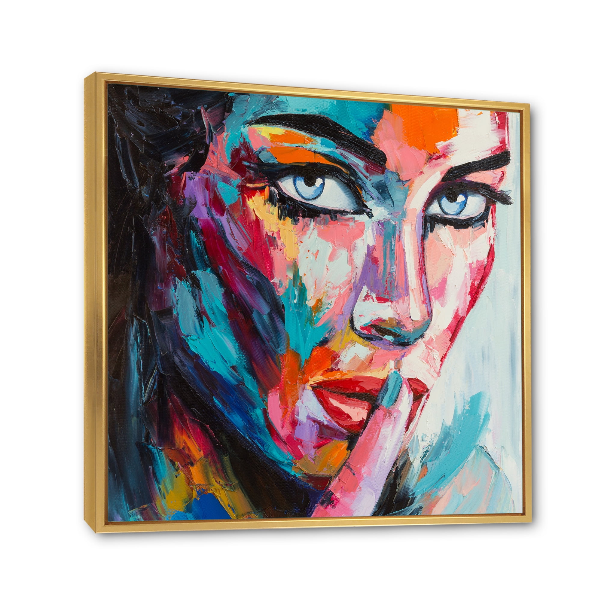 Abstract Portrait Of A Young Woman With Blue Eyes II 16 in x 16 in Framed Painting Canvas Art Print, by Designart