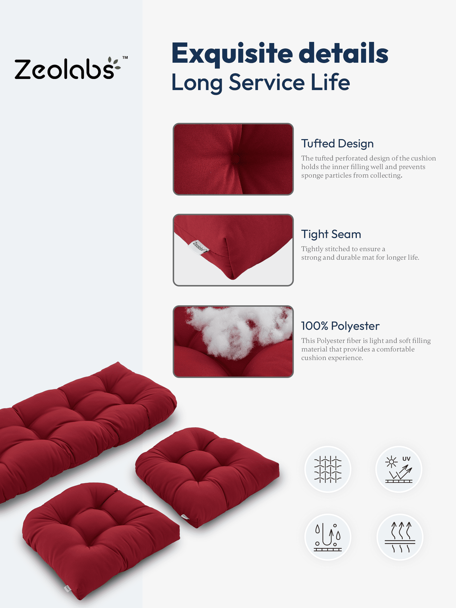 ZEOLABS Outdoor Wicker Chair Cushions of 3 Pieces Waterproof Tufted Seat Cushions set for Patio Furniture Sofa Bench Settee Couch, 1 Loveseat and 2 U-Shaped Cushions, Burgundy