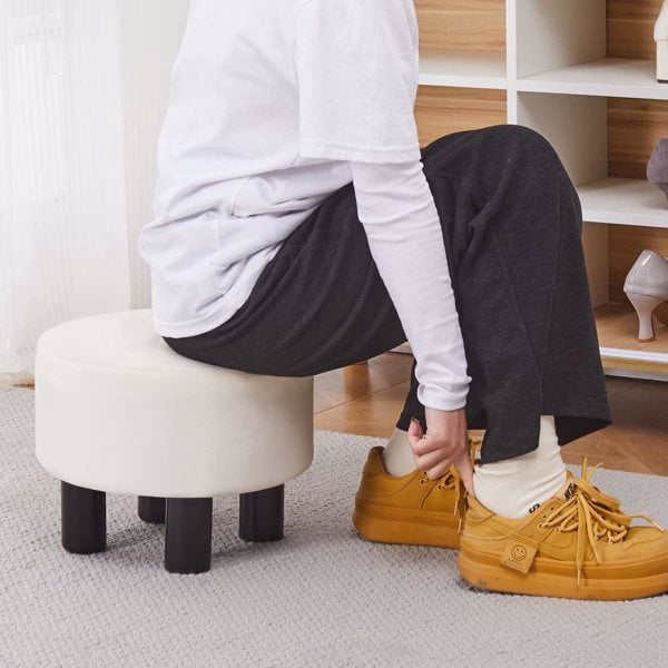 Round Linen Ottoman Foot Stool – Padded Footrest with Non-Skid Pine Legs, Soft Step Stool for Couch, Desk, Dorm, Office, Hallway White