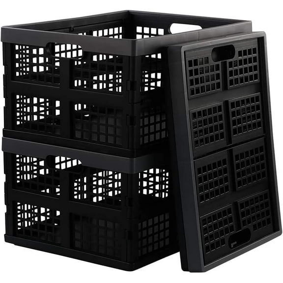 3 Packs 32 L Plastic Collapsible Crates, Folding Storage Crate Bin, Black