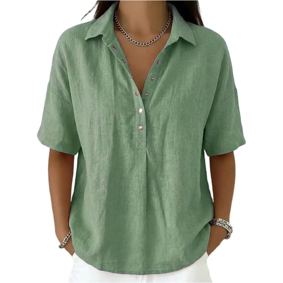 longantii Women’s Cotton Linen Polo Shirt Casual Short Sleeve Gauze Shirts Short Sleeve Button Down Shirts Summer Blouses Top Light Green L