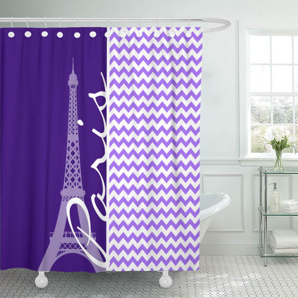 Adjustable Eiffel Tower Fabric Shower Curtain Bathroom Waterproof 12 Hooks Set 