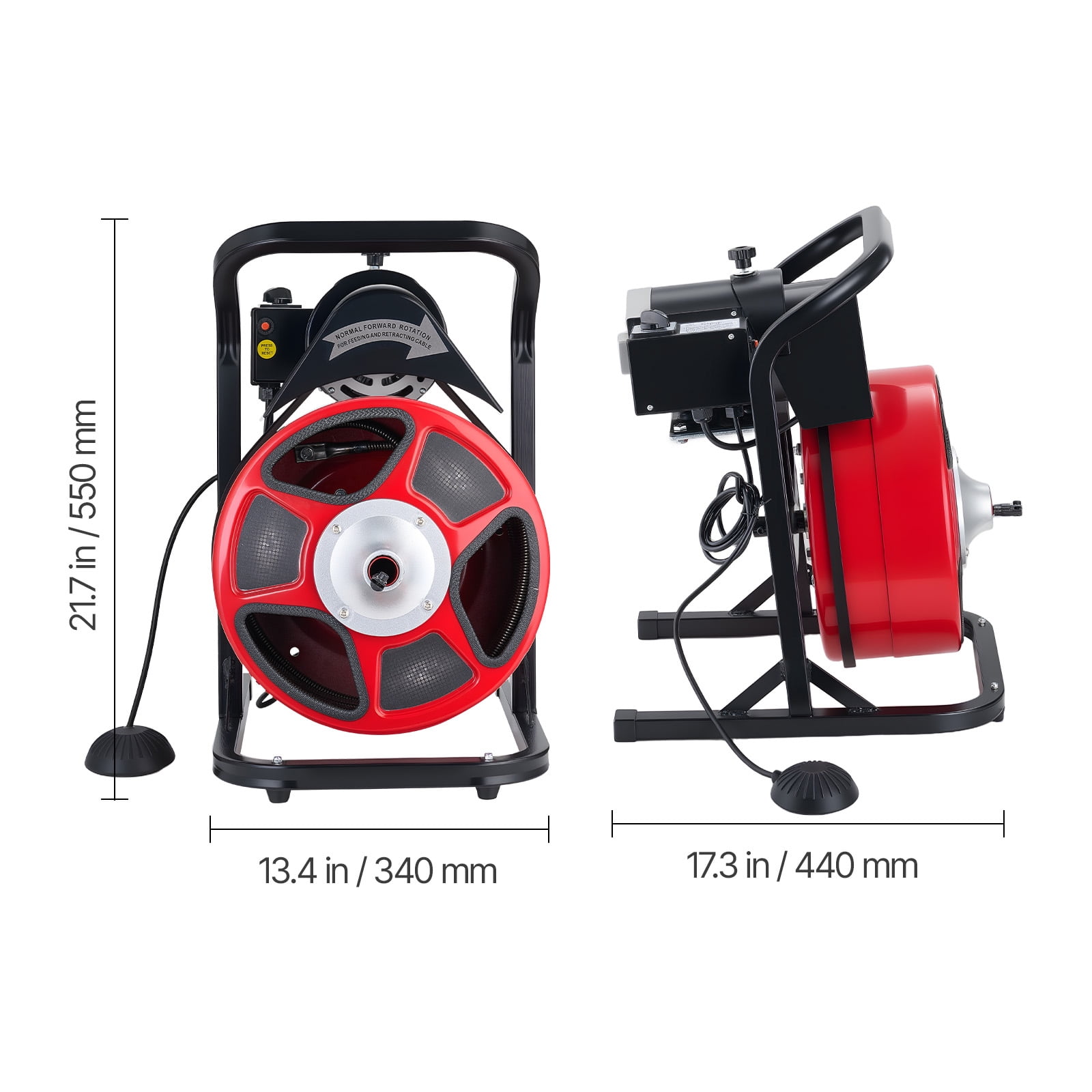 KFFKFF Drain Cleaning Machine 50 FT x 1/2 Inch, Manual Feed Sewer Snake with 4 Cutting Tools & Foot-Activated Switch for 2" to 6" Pipes