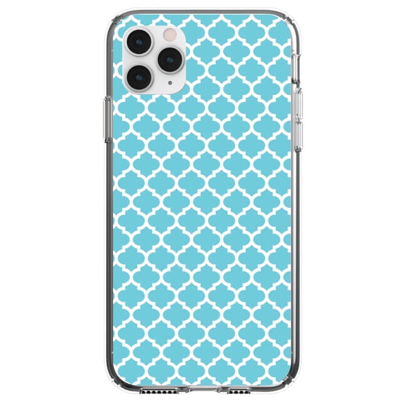 DistinctInk Clear Shockproof Hybrid Case for iPhone 13 PRO (6.1" Screen) - TPU Bumper, Acrylic Back, Tempered Glass Screen Protector - Light Blue White Moroccan Lattice