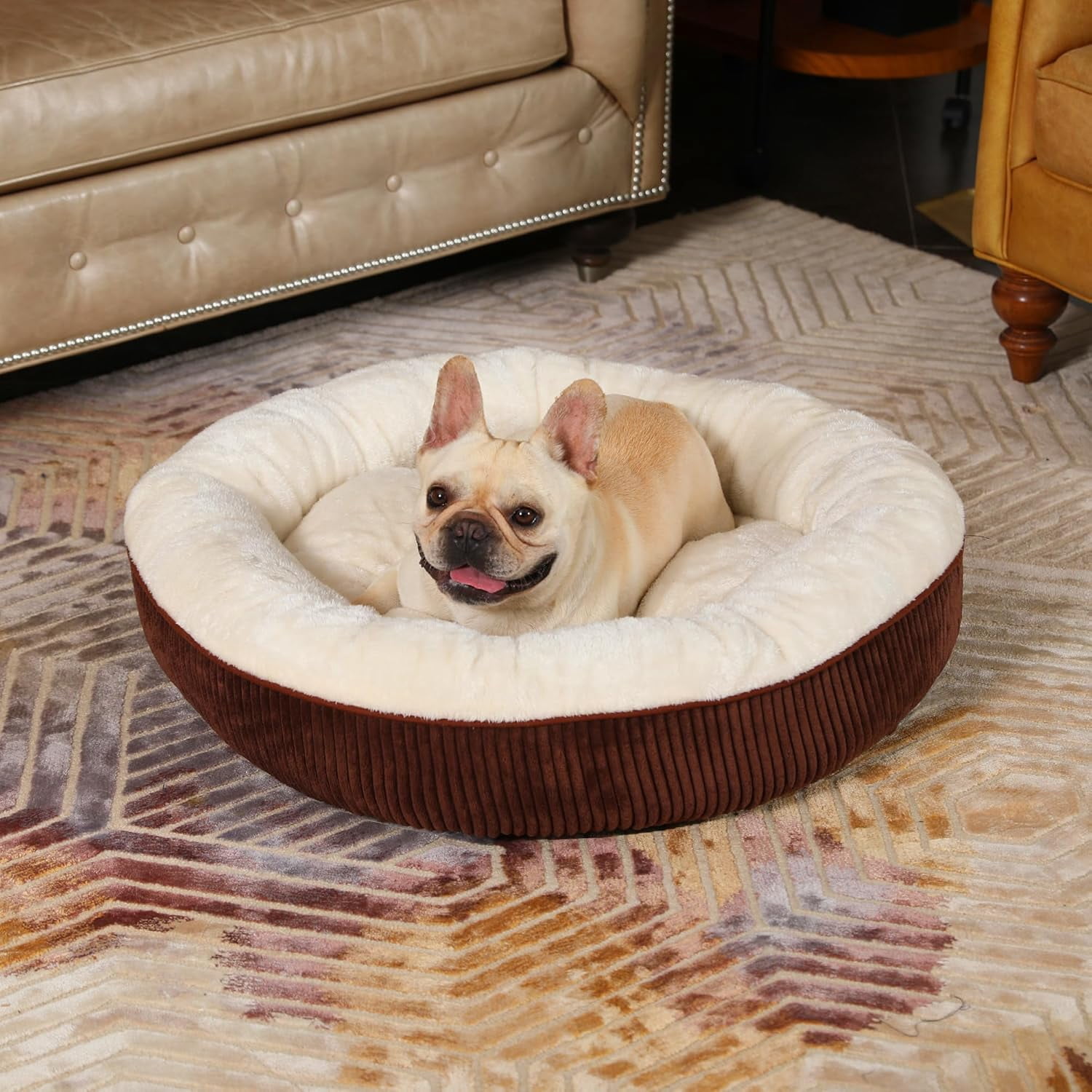 Donut Dog Bed,30 Inches Calming Round Dog Beds for Medium Dogs,Washable Anti Anxiety Cuddler Dog Bed with Removable Cover(Coffee,Medium)