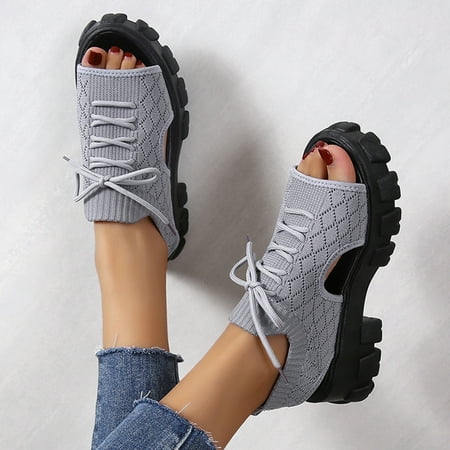 

Thick Bottom Knitted Sports Wind Sandals Women s Fashion Breathable Lace Up Fish Mouth Sandals And Slippers