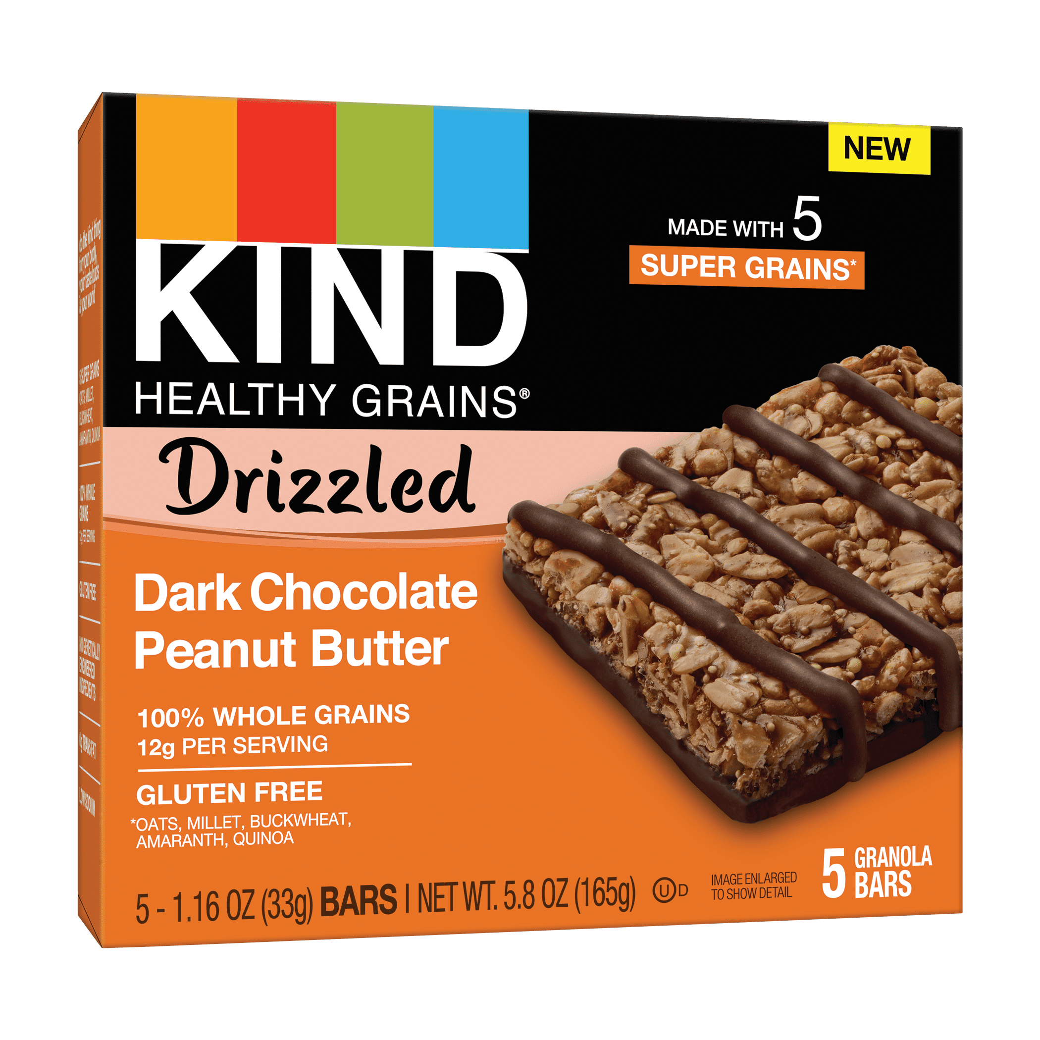 KIND Bars Drizzled Dark Chocolate Peanut Butter Healthy Grains Bar, Gluten free, 1.16 oz, 5 Snack Bars