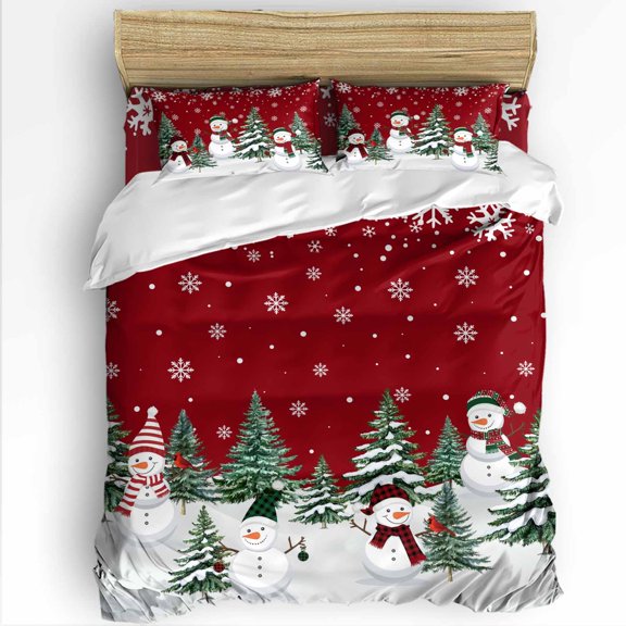 Christmas Queen Size Comforter Set, Snowman Christmas Tree Forest Winter Snow Red Soft Bedding for All Seasons, 4 Pcs Bed Set with 1Comforter (90"x92") ,1 Sheet(94"x116"), 2 Pillowcases (19"x29")