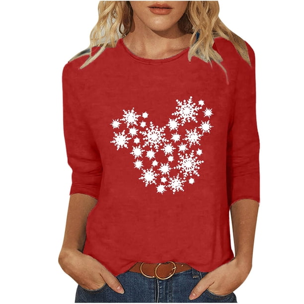 Puntoco Camiseta de mujer con cuello redondo, manga 3/4 y estampado navideño, jersey de cuello redondo, camiseta de manga larga con cuello redondo