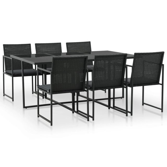 vidaXL 7 Piece Outdoor Dining Set with Cushions Poly Rattan Black featuring a rectangular glass-top table measuring 165 x 109 x 72 cm and six matching chairs with black polyethylene rattan weave and powder-coated steel frames. Chairs measure 50 x 57 x 83 cm and include six seat cushions for added comfort. Suitable for gardens, patios, balconies, or small outdoor gatherings.