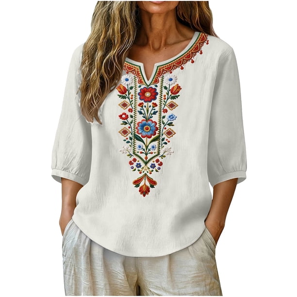 Neewe Women's Embroidered Tops 3/4 Sleeve Traditional Boho Shirts for Women V Neck Peasant Tunic Blouses