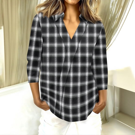 Kixjoy 3/4 Sleeve Tops for Women Fashion Lounge V Neck Tops Spring Lightweight Collared Shirt Plaid Soft Business Womens Clothes, Black L
