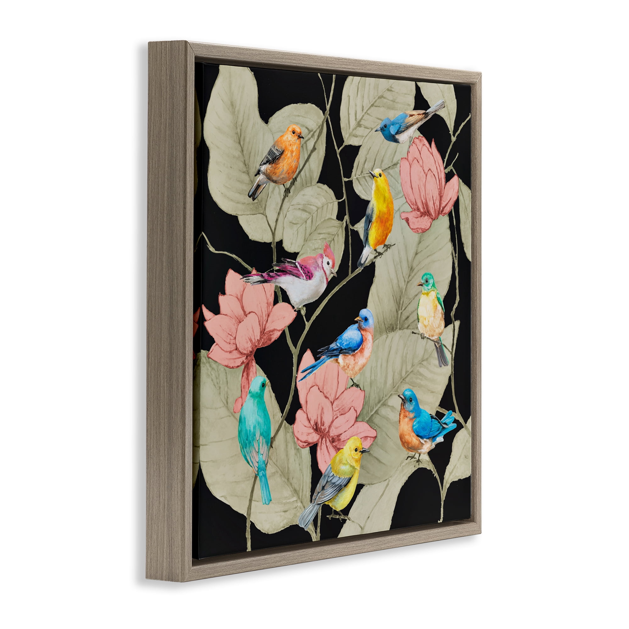 Stupell Industries Colorful Birds & Leaf Motif Brown Framed Floater Canvas Wall Art, design by Lorenzo Collective