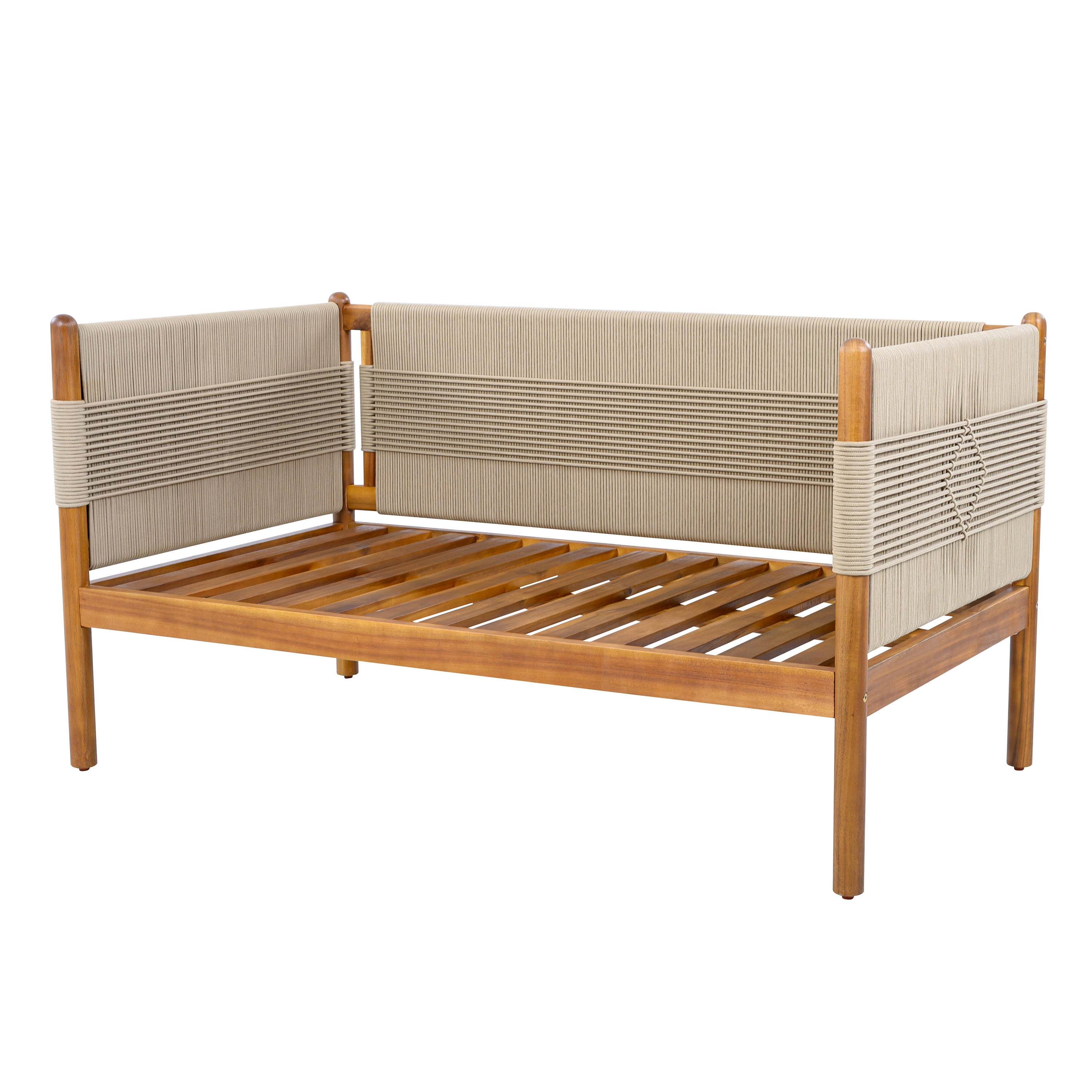 Loveseat, Outdoor Acacia Wood Sofa with Diamond Rope Weave and Cushions for Patio Garden, Teak and Cream