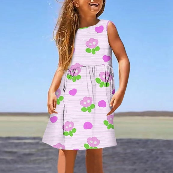 Girls Dresses Fashion Cute Spring Summer Print Round Neck Sleeveless Casual Kids Clothing